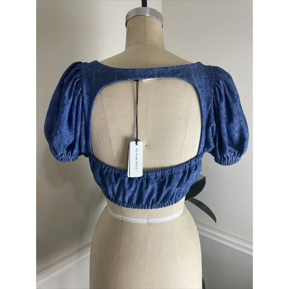 We Wore What Womans Medium Blue Bikini Lily Swim Top Dark Wash Denim Texture - Picture 3 of 8